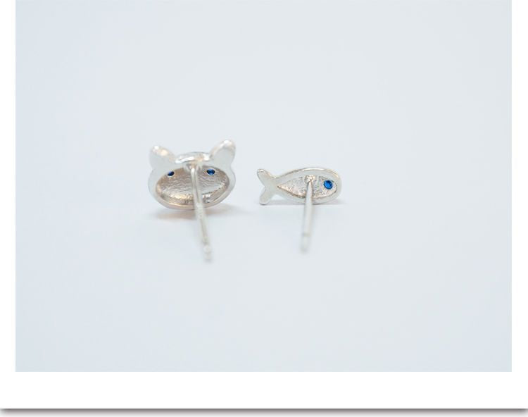 Sterling 925 Silver Cat Non-matching Earring Fish and