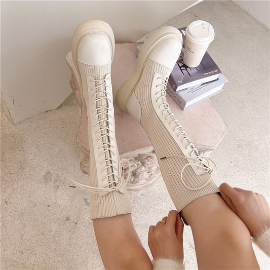Knit Boots Panel Platform Lace-Up Tall