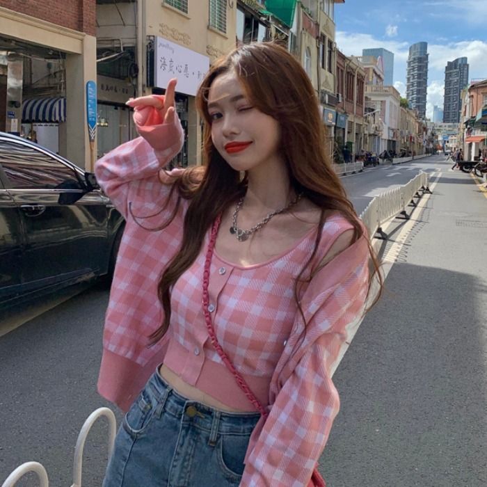 Camisole Plaid Top Cardigan /