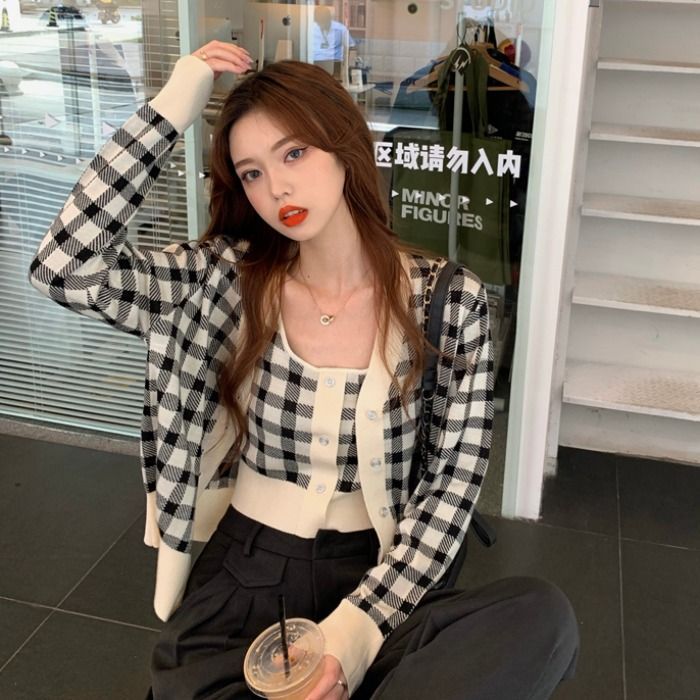 Camisole Plaid Top Cardigan /