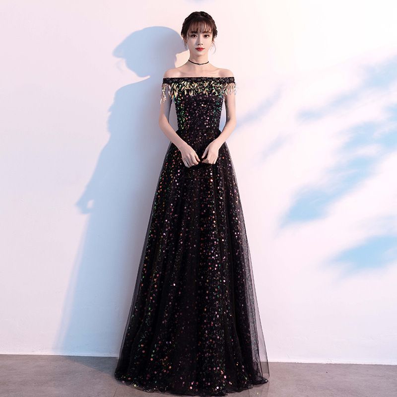 Sequined Evening Panel Off-Shoulder Mesh Gown