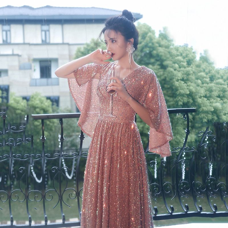 Elbow-Sleeve Evening A-Line Gown Sequined