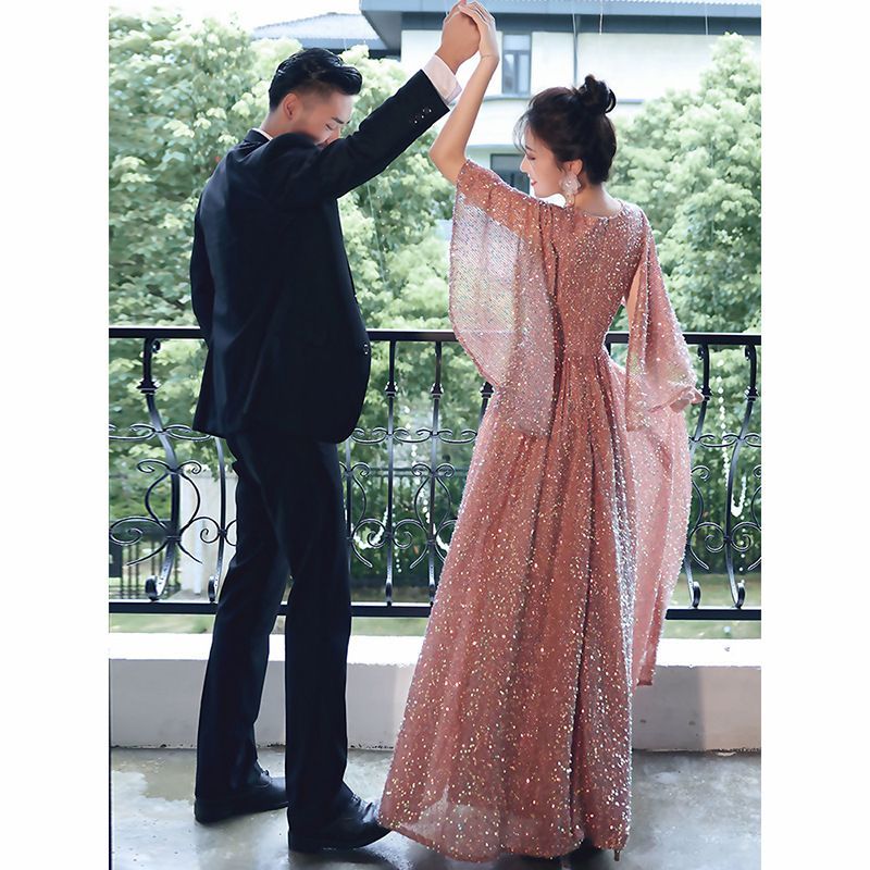 Elbow-Sleeve Evening A-Line Gown Sequined