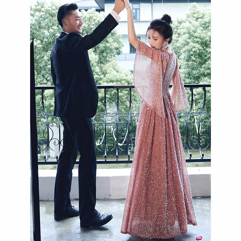 Elbow-Sleeve Evening A-Line Gown Sequined