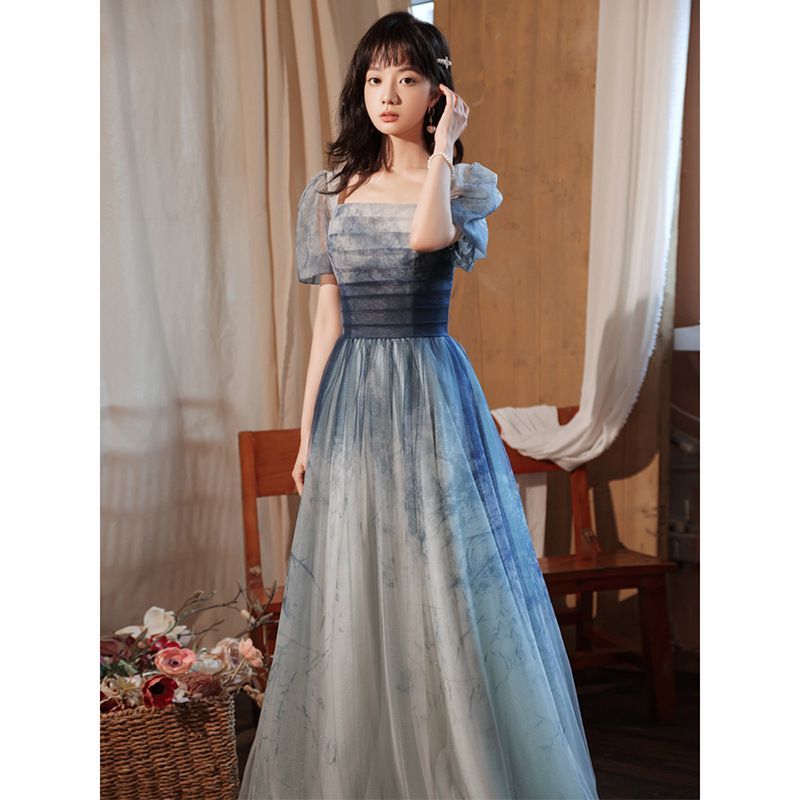 Mesh A-Line Evening Tie-Dye Puff-Sleeve Gown