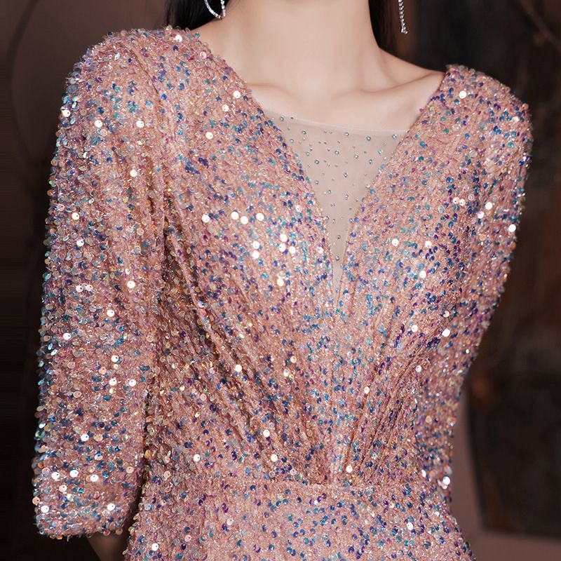3/4-Sleeve A-Line Evening Gown Sequined