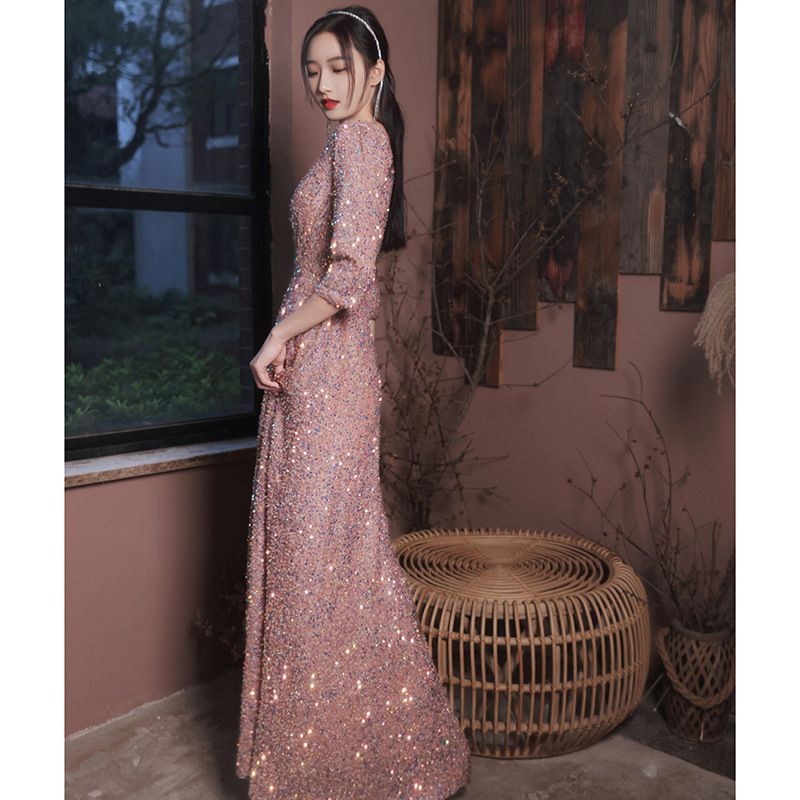 3/4-Sleeve A-Line Evening Gown Sequined