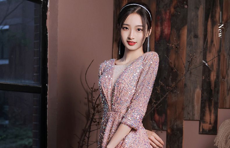 3/4-Sleeve A-Line Evening Gown Sequined