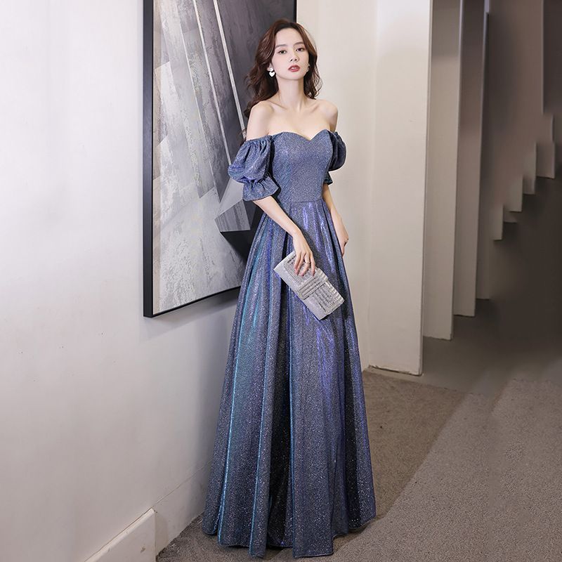 Glitter A-Line Short-Sleeve Gown Evening