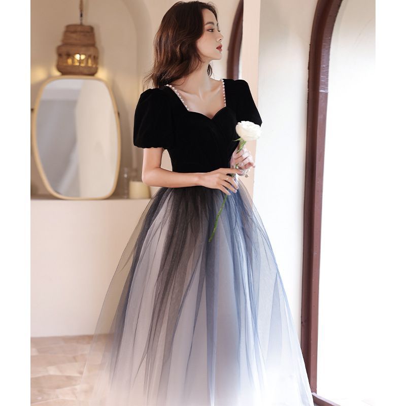 Puff-Sleeve Mesh A-Line Ombre Evening Gown