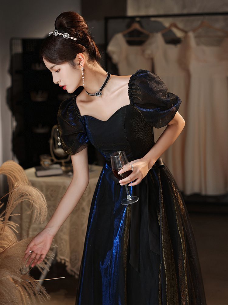 Tie-Waist A-Line Puff-Sleeve Gown Evening
