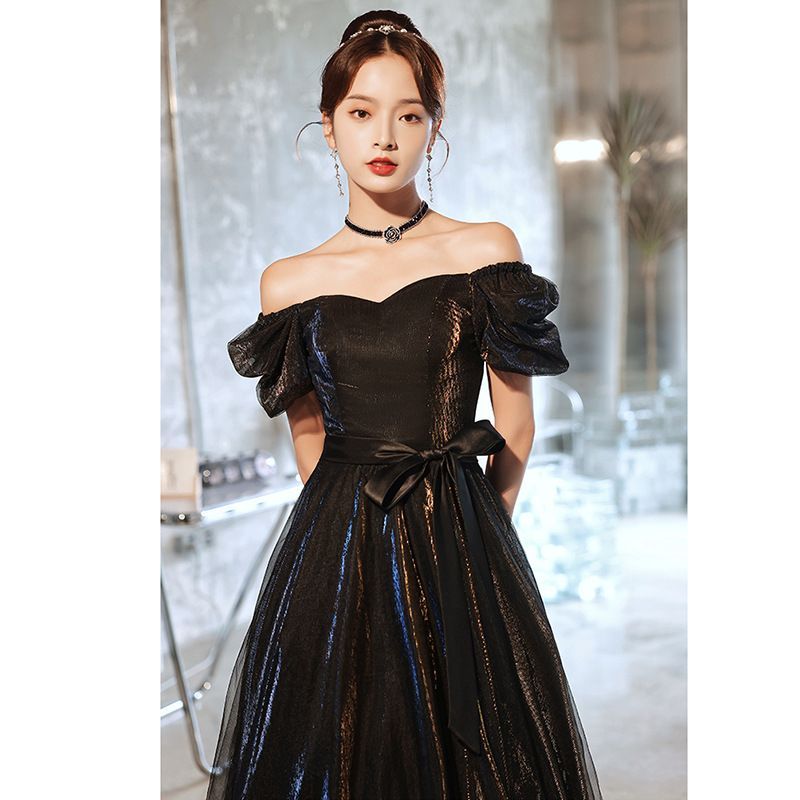 Tie-Waist A-Line Puff-Sleeve Gown Evening
