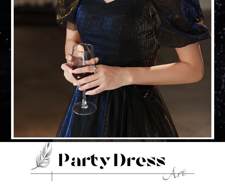 Tie-Waist A-Line Puff-Sleeve Gown Evening