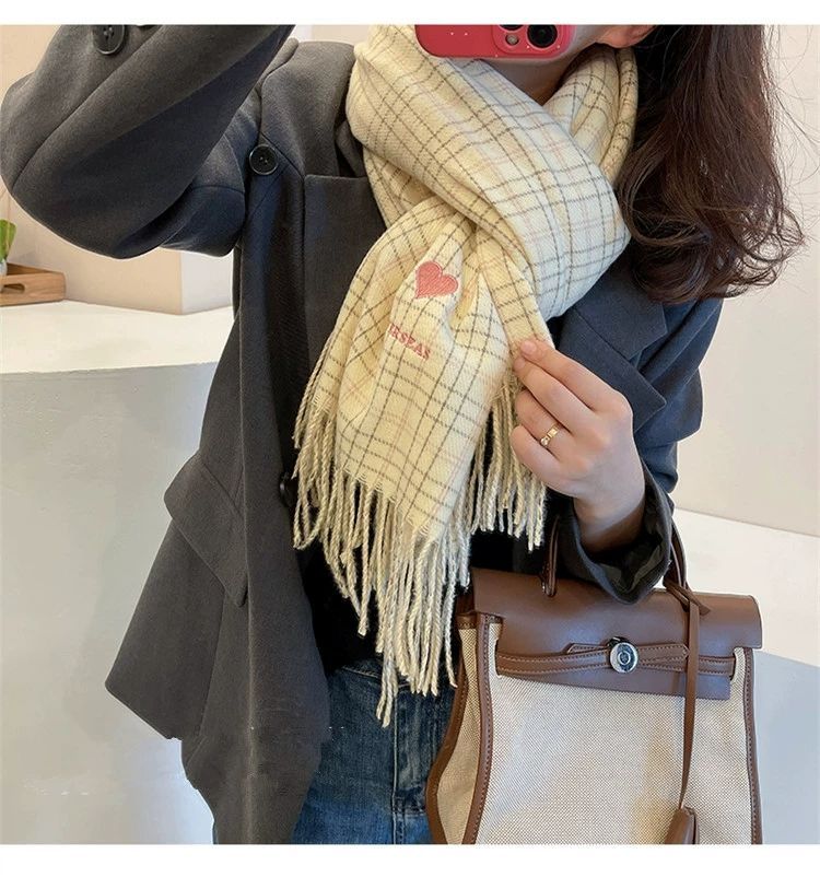 Heart Embroidered Plaid Scarf