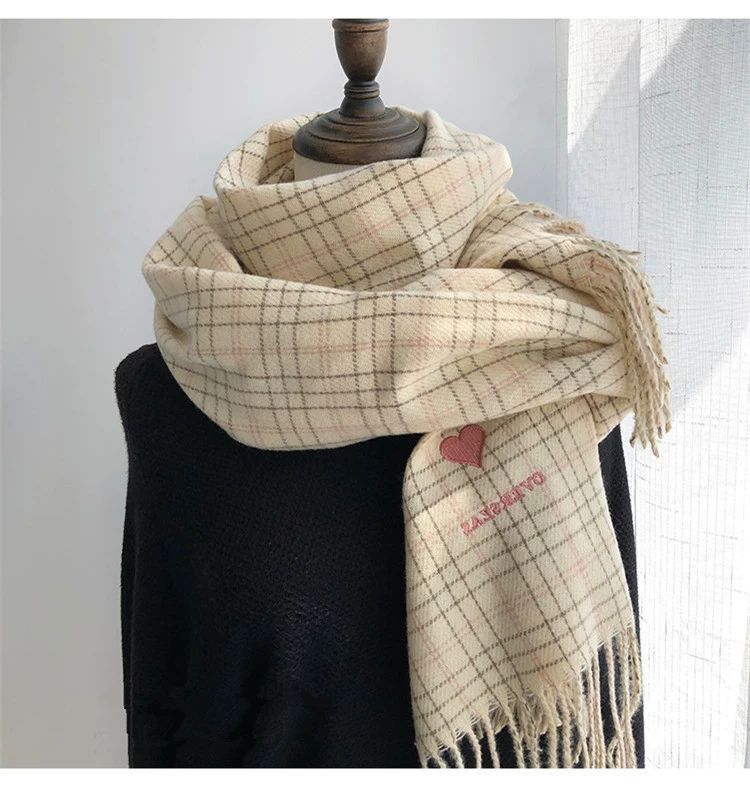 Heart Embroidered Plaid Scarf