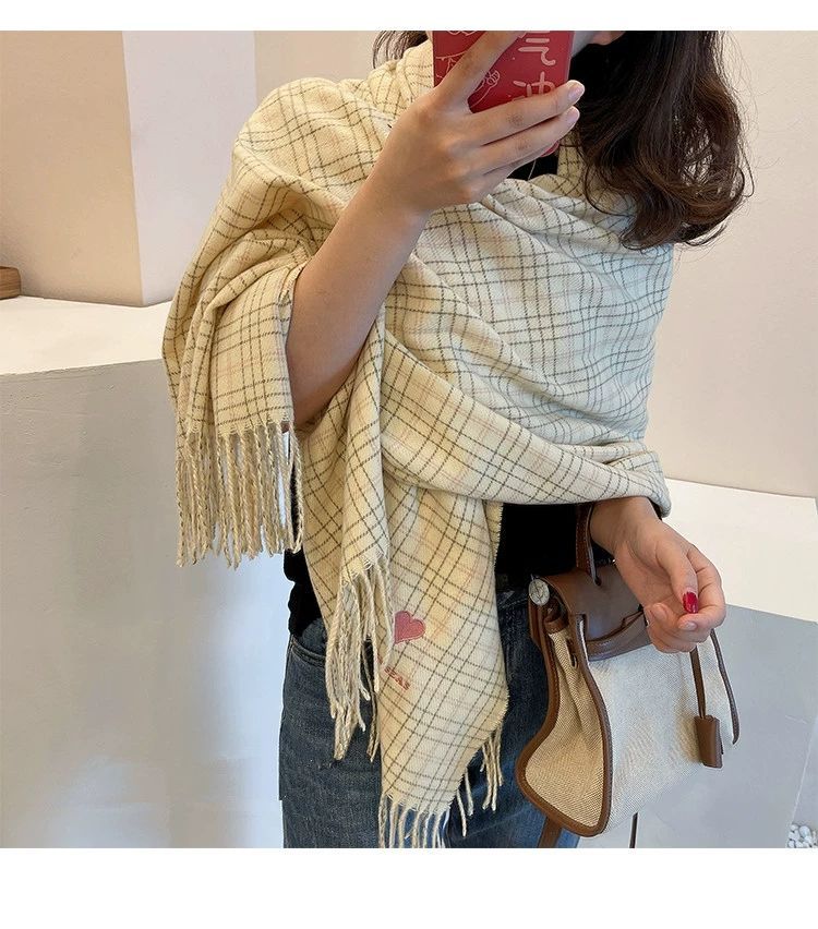 Heart Embroidered Plaid Scarf