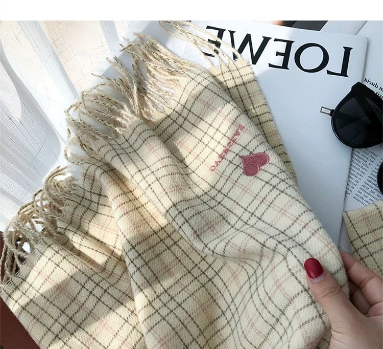 Heart Embroidered Plaid Scarf
