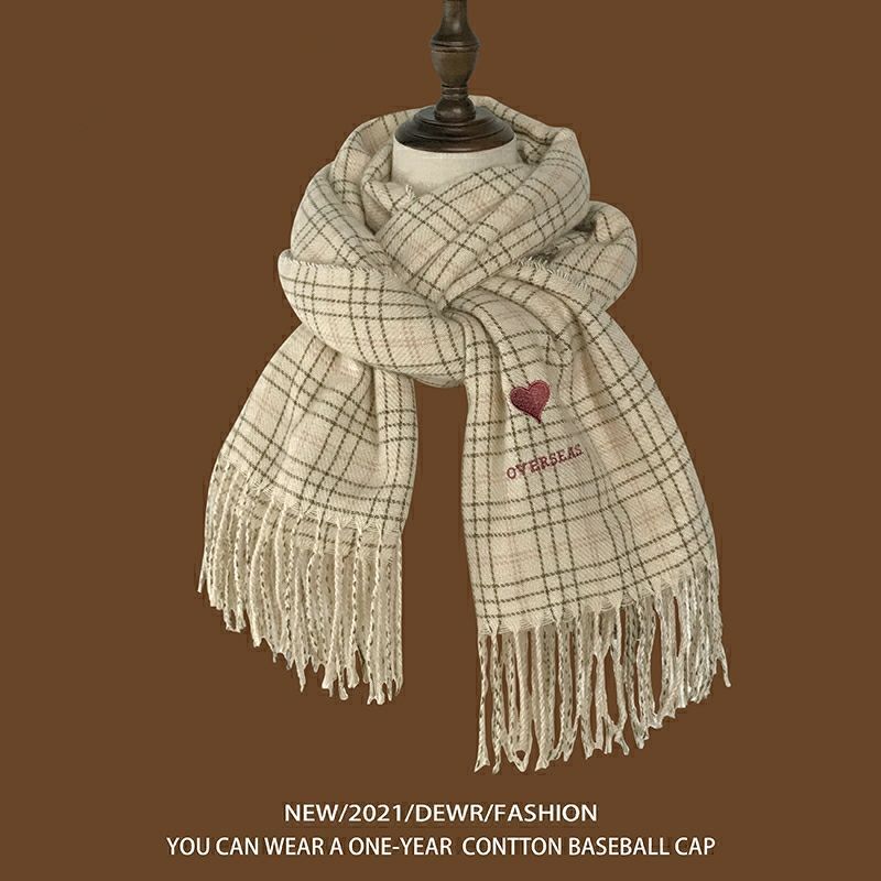 Heart Embroidered Plaid Scarf