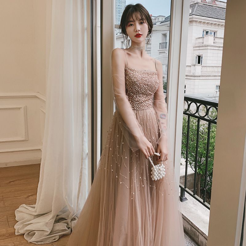 Puff-Sleeve Gown Sequined A-Line Evening