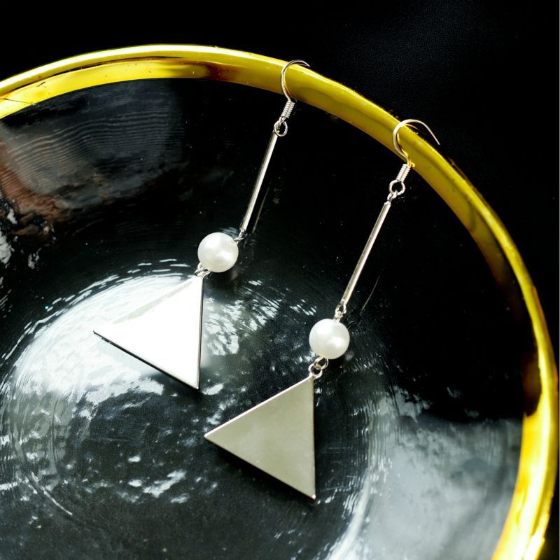 Pearl Faux Earring Dangle Triangle Sterling Silver