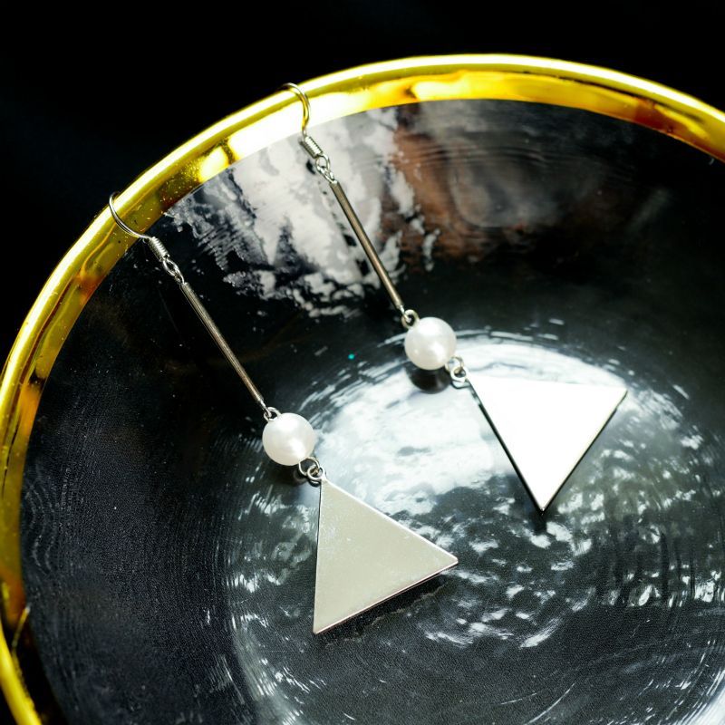 Pearl Faux Earring Dangle Triangle Sterling Silver