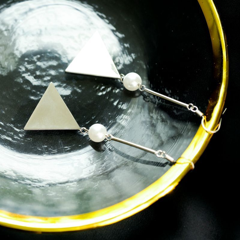 Pearl Faux Earring Dangle Triangle Sterling Silver