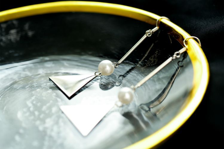 Pearl Faux Earring Dangle Triangle Sterling Silver