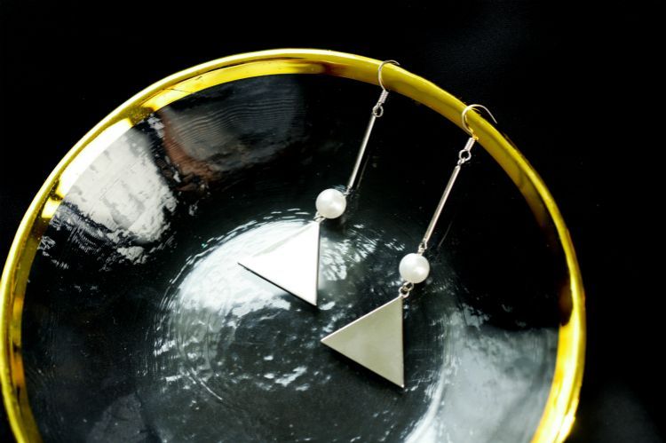 Pearl Faux Earring Dangle Triangle Sterling Silver