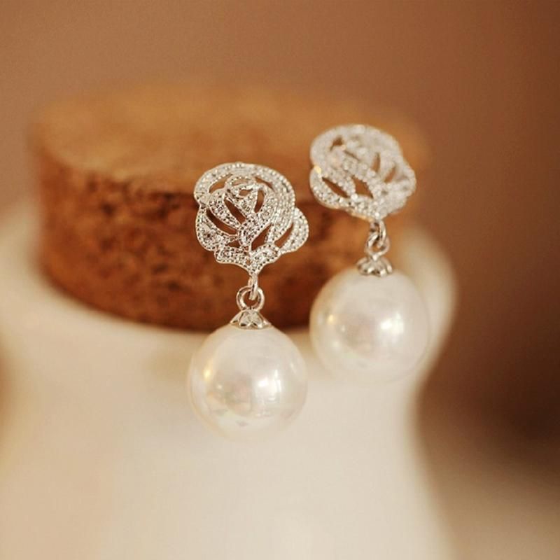 Rose Dangle Pearl Faux Earring Rhinestone