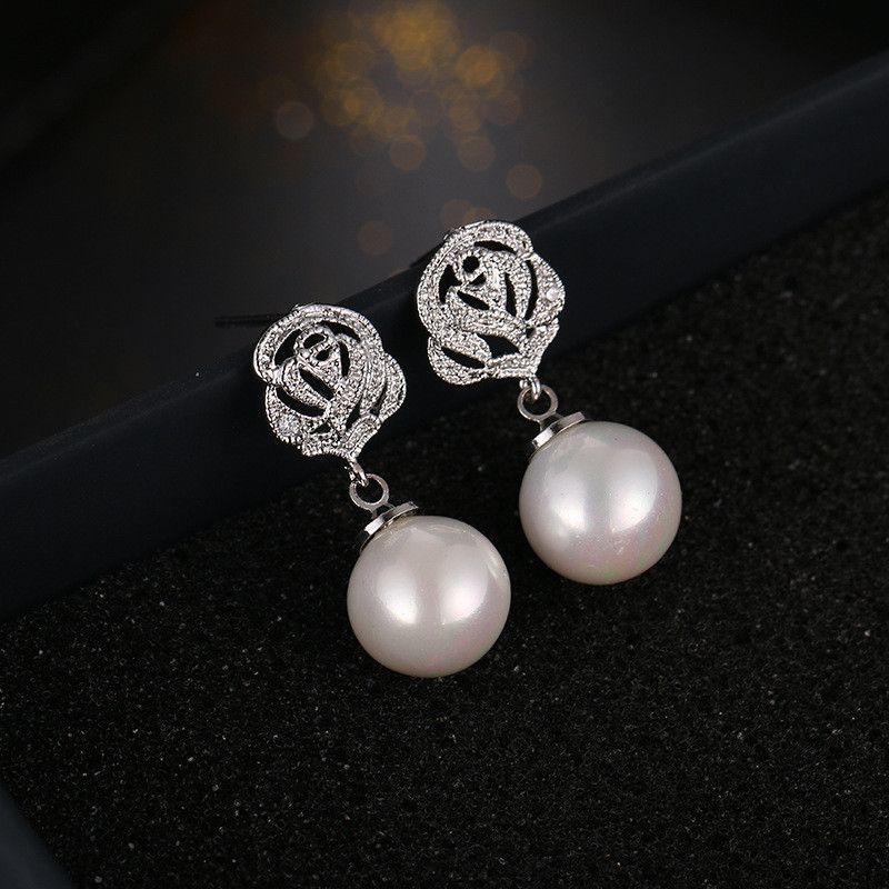 Rose Dangle Pearl Faux Earring Rhinestone