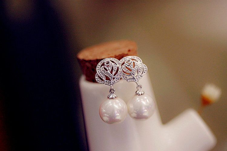 Rose Dangle Pearl Faux Earring Rhinestone