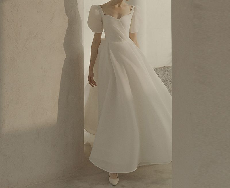 A-Line Puff-Sleeve Wedding Gown Beaded