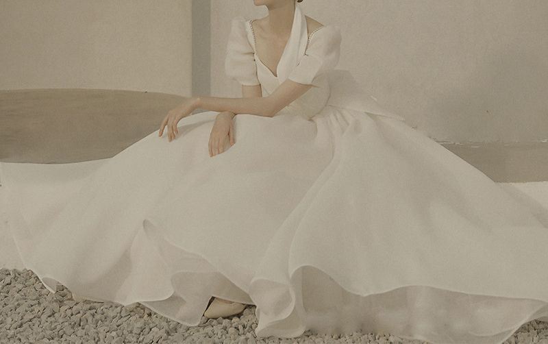 A-Line Puff-Sleeve Wedding Gown Beaded