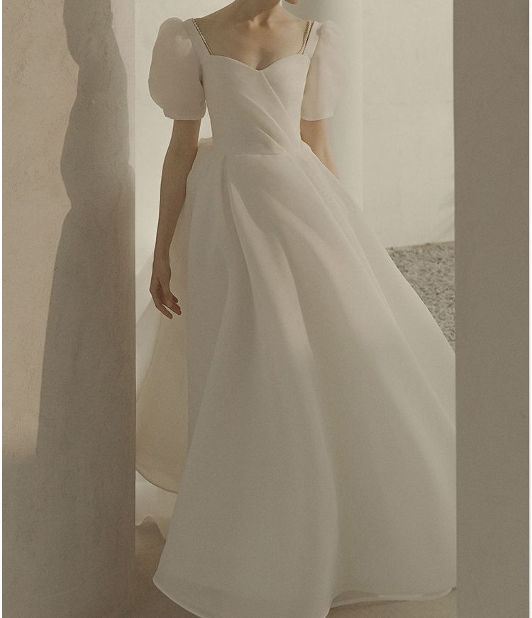 A-Line Puff-Sleeve Wedding Gown Beaded