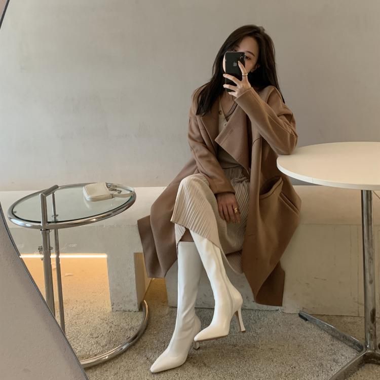 Chunky Boots Heel Tall Pointy-Toe