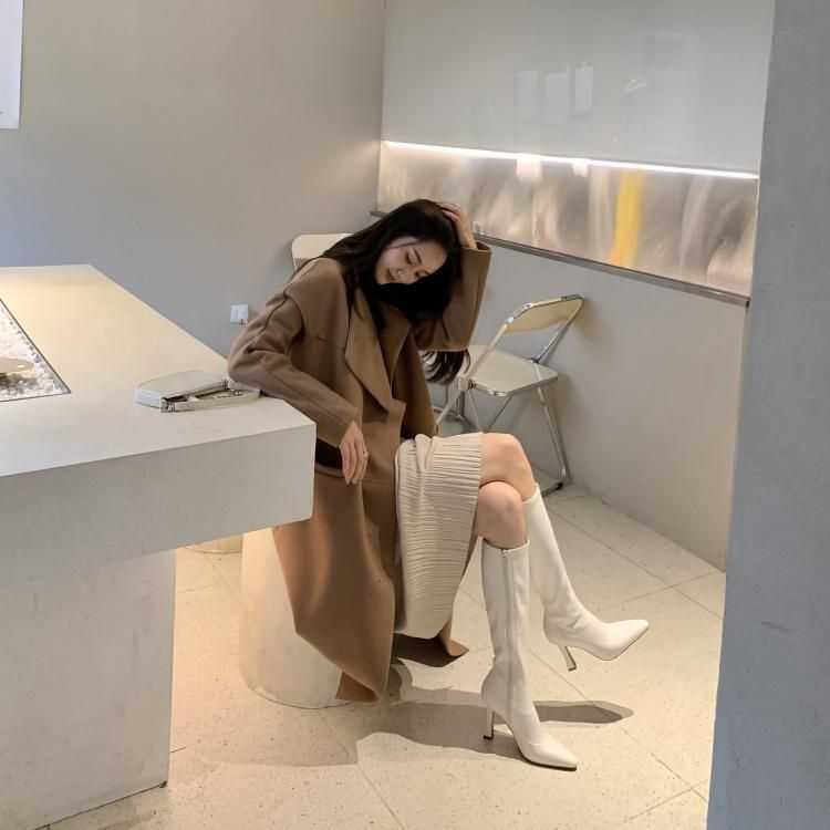 Chunky Boots Heel Tall Pointy-Toe