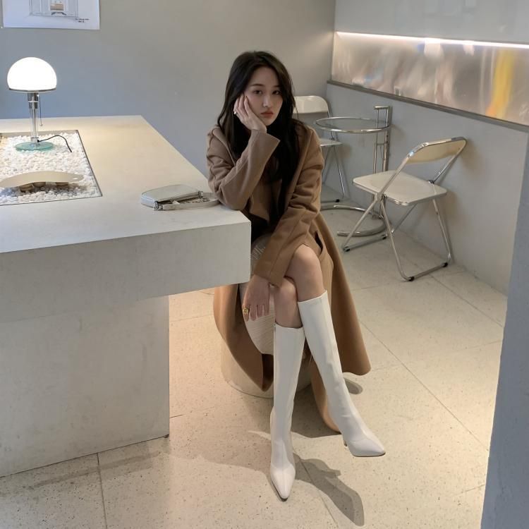 Chunky Boots Heel Tall Pointy-Toe