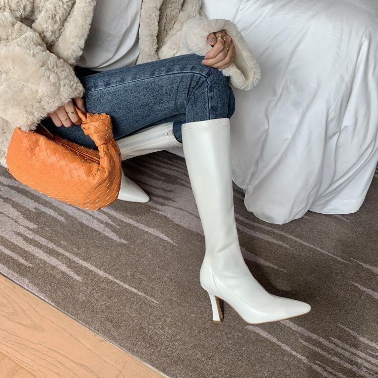 Chunky Boots Heel Tall Pointy-Toe