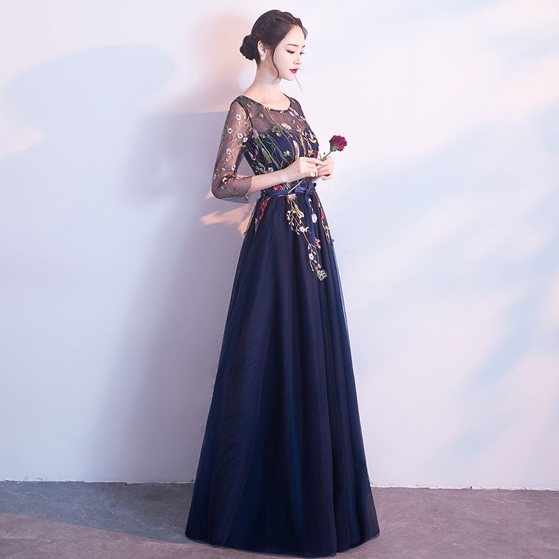 Evening 3/4-Sleeve Embroidered Floral A-Line Gown