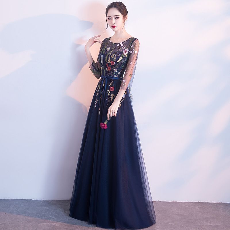 Evening 3/4-Sleeve Embroidered Floral A-Line Gown