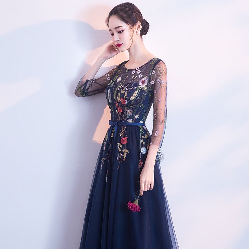 Evening 3/4-Sleeve Embroidered Floral A-Line Gown