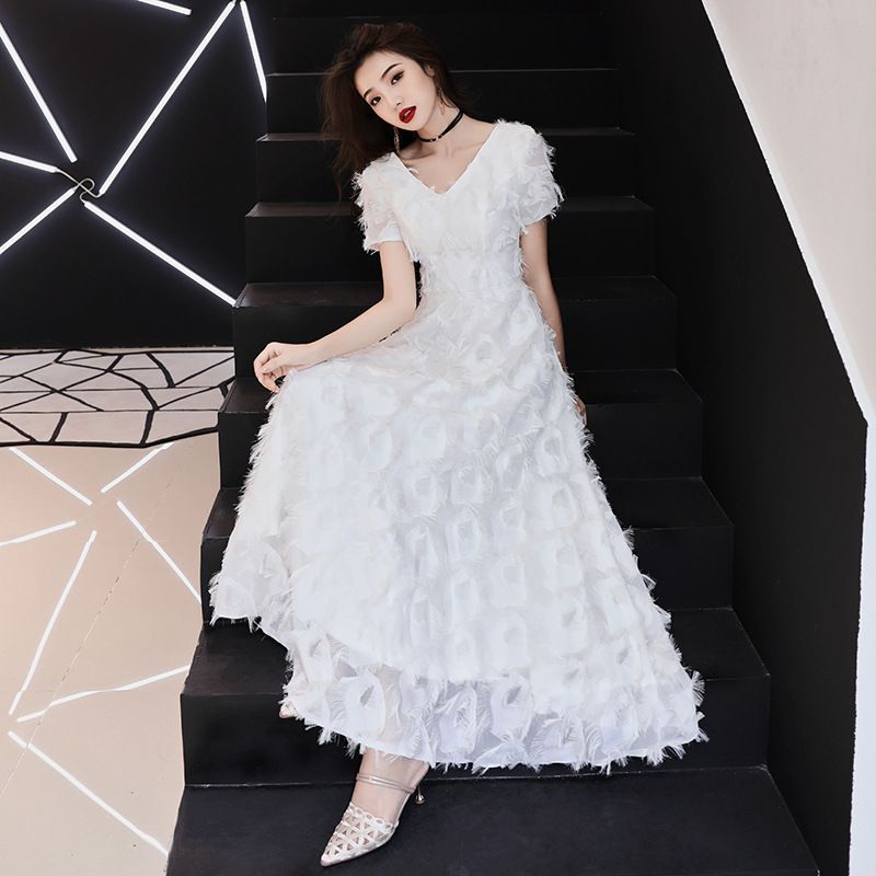 A-Line Gown Trim Fringed Evening Short-Sleeve