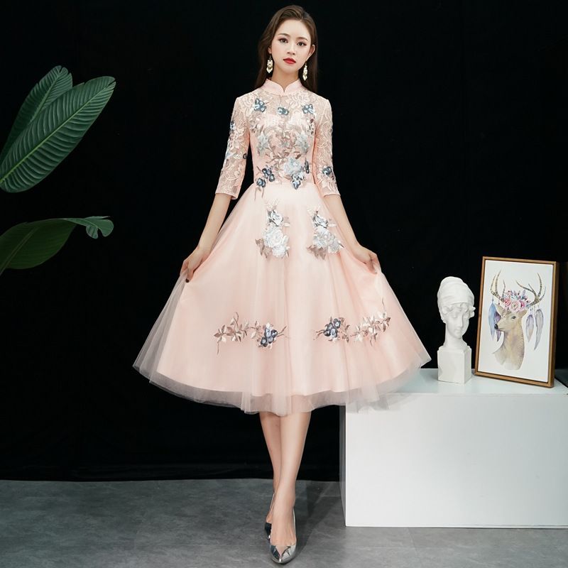 A-Line Cocktail / Evening Floral Gown Embroidered Elbow-Sleeve Dress