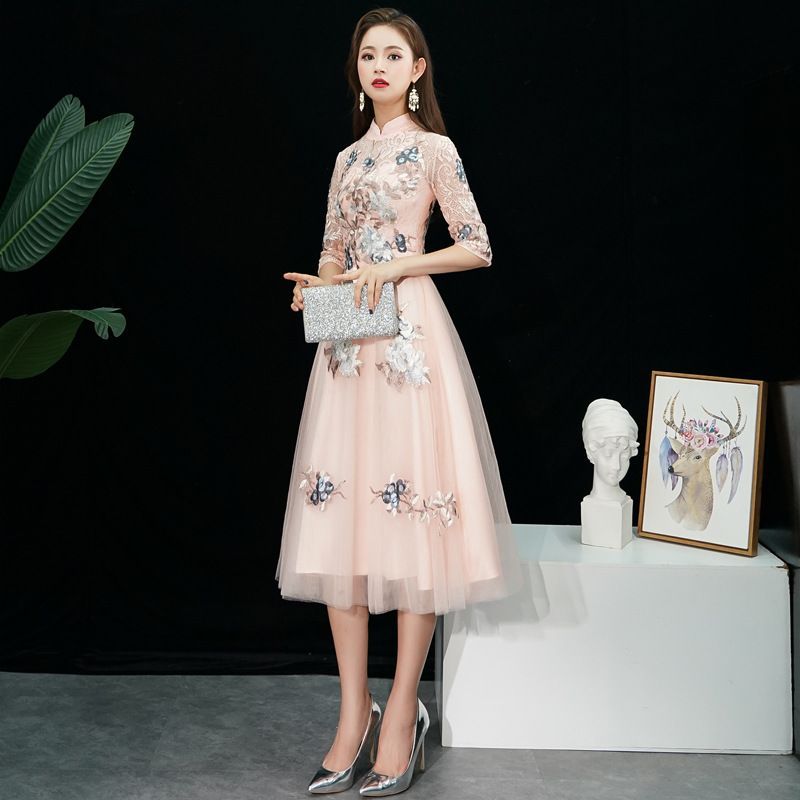 A-Line Cocktail / Evening Floral Gown Embroidered Elbow-Sleeve Dress