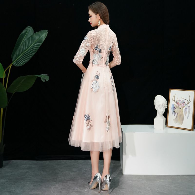 A-Line Cocktail / Evening Floral Gown Embroidered Elbow-Sleeve Dress