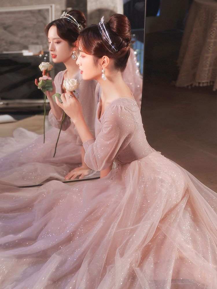 Gown (Various A-Line Designs) Floral Evening Embroidered Puff-Sleeve