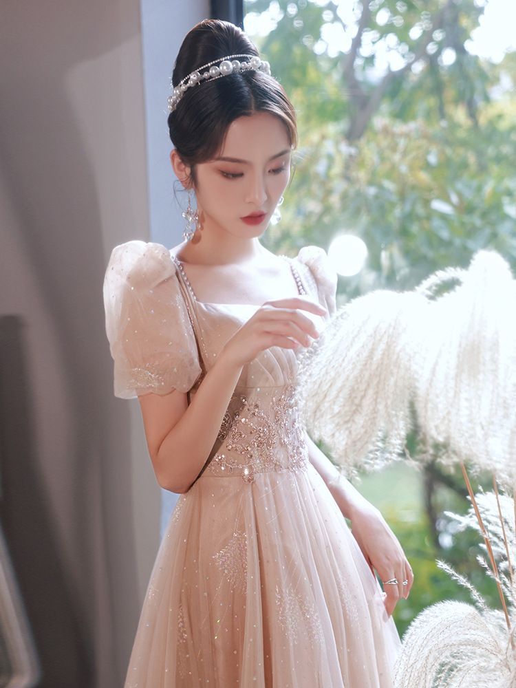 Designs) Evening Sequined (Various Puff-Sleeve Lace-Up A-Line Gown Back