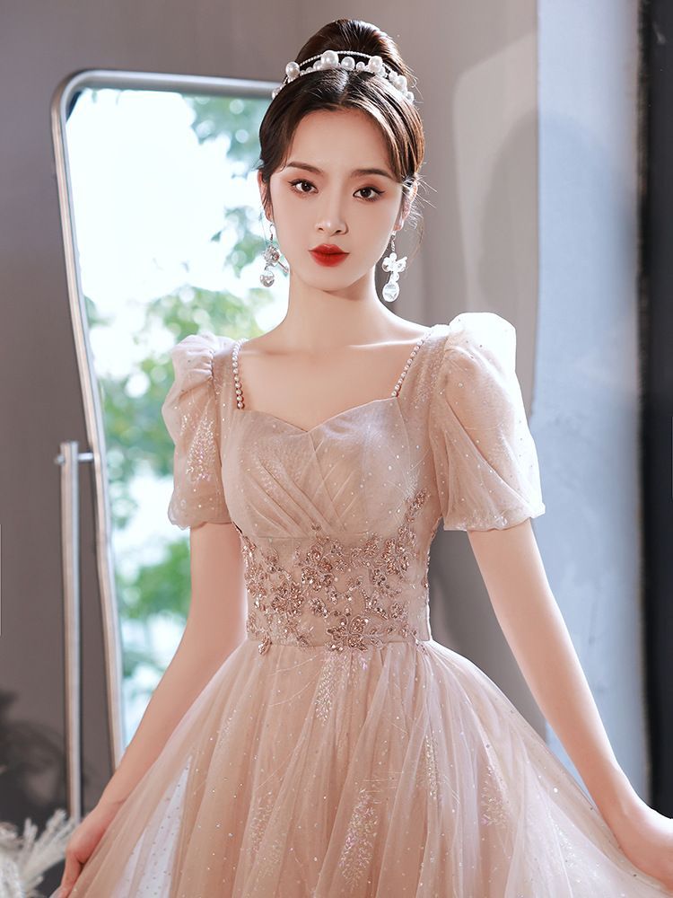 Designs) Evening Sequined (Various Puff-Sleeve Lace-Up A-Line Gown Back