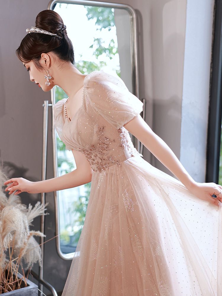 Designs) Evening Sequined (Various Puff-Sleeve Lace-Up A-Line Gown Back