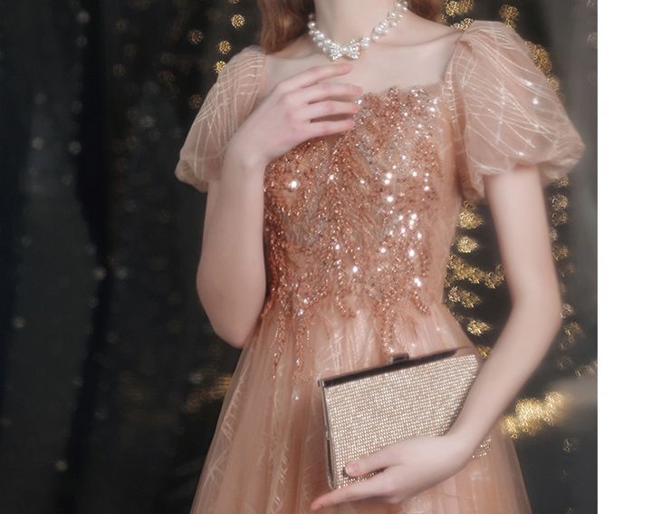 Gown Puff-Sleeve Evening A-Line Sequined